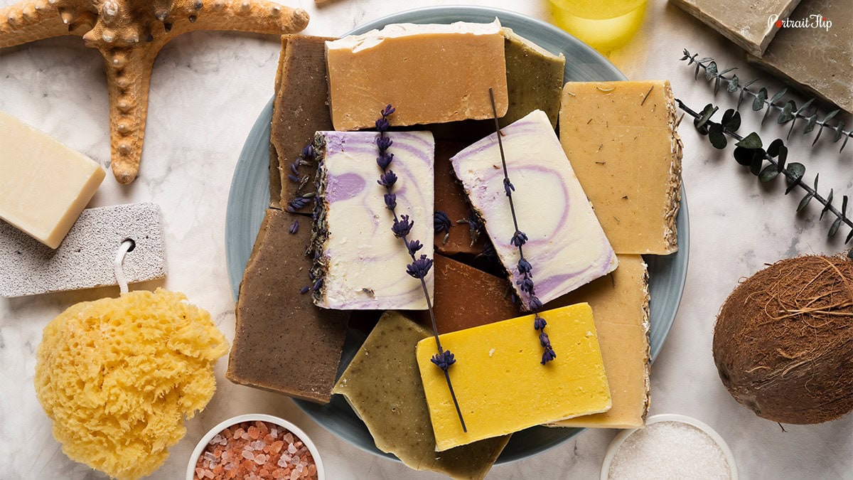 organic soap bars on a marble platform