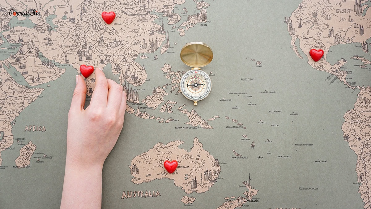 map with heart shape pins
