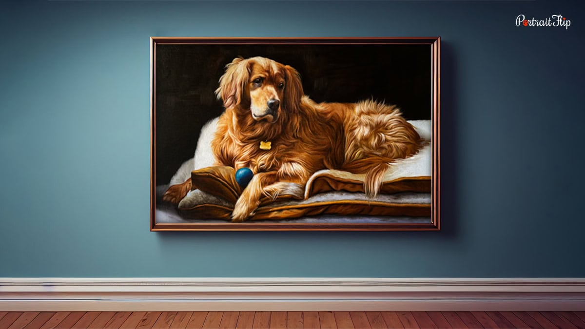 A pet portrait hanging on a wall