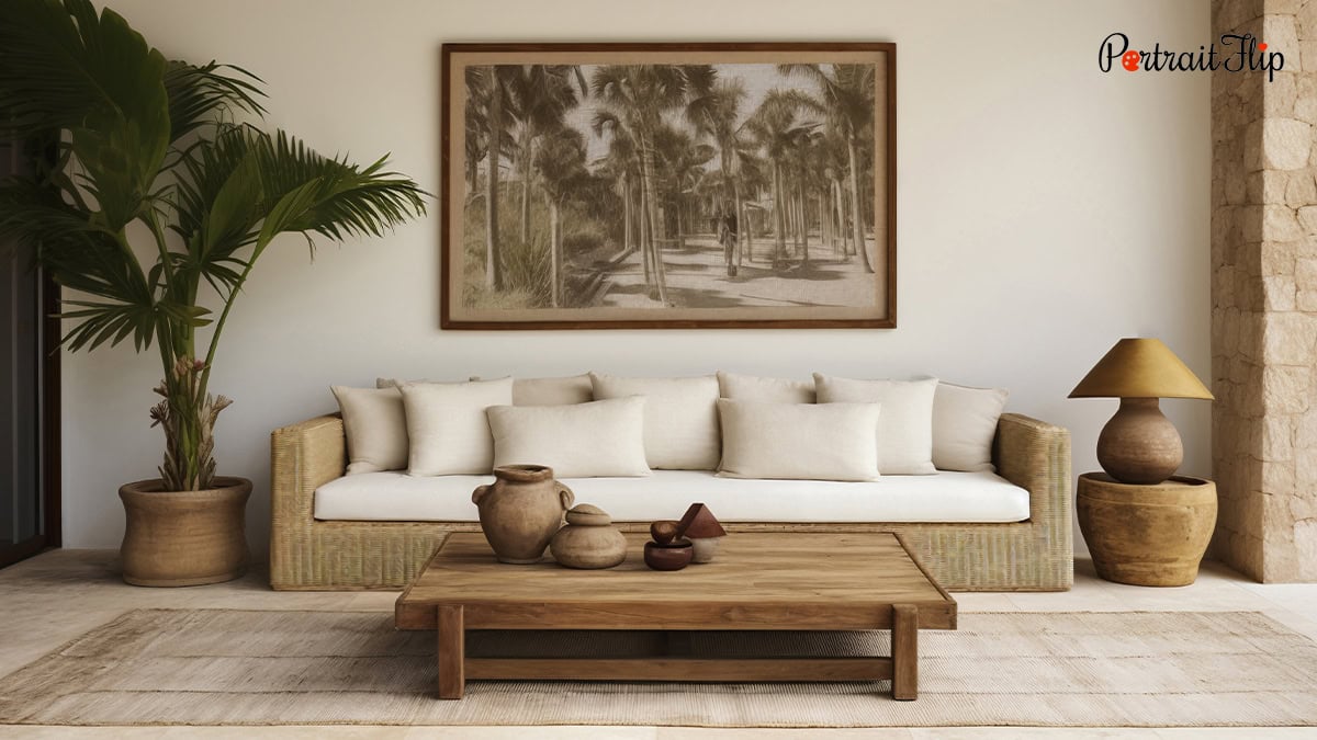 A photo frame mounted on a living room wall