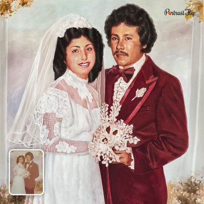 Bride and groom vintage wedding portrait painting
