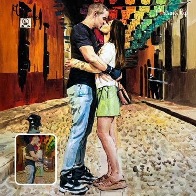 Couple kissing on street Valentine's Day watercolor