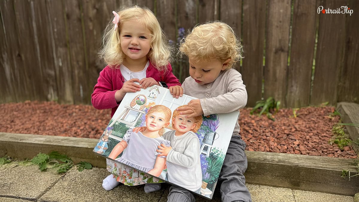 Two children holding a handmade portrait of themselves created by PortraitFlip