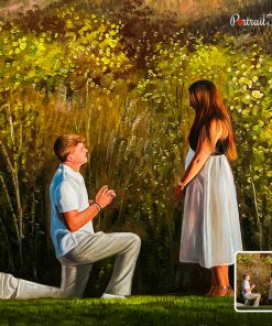 Custom impasto painting of marriage proposal in garden from photo