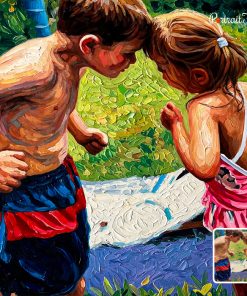 Custom impasto painting of two children playing from photo