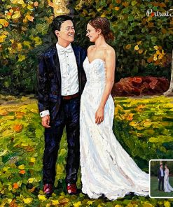 Custom impasto painting of wedding couple in garden from photo