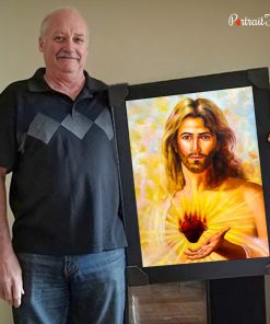 Happy customer holding a framed impasto oil painting of Jesus